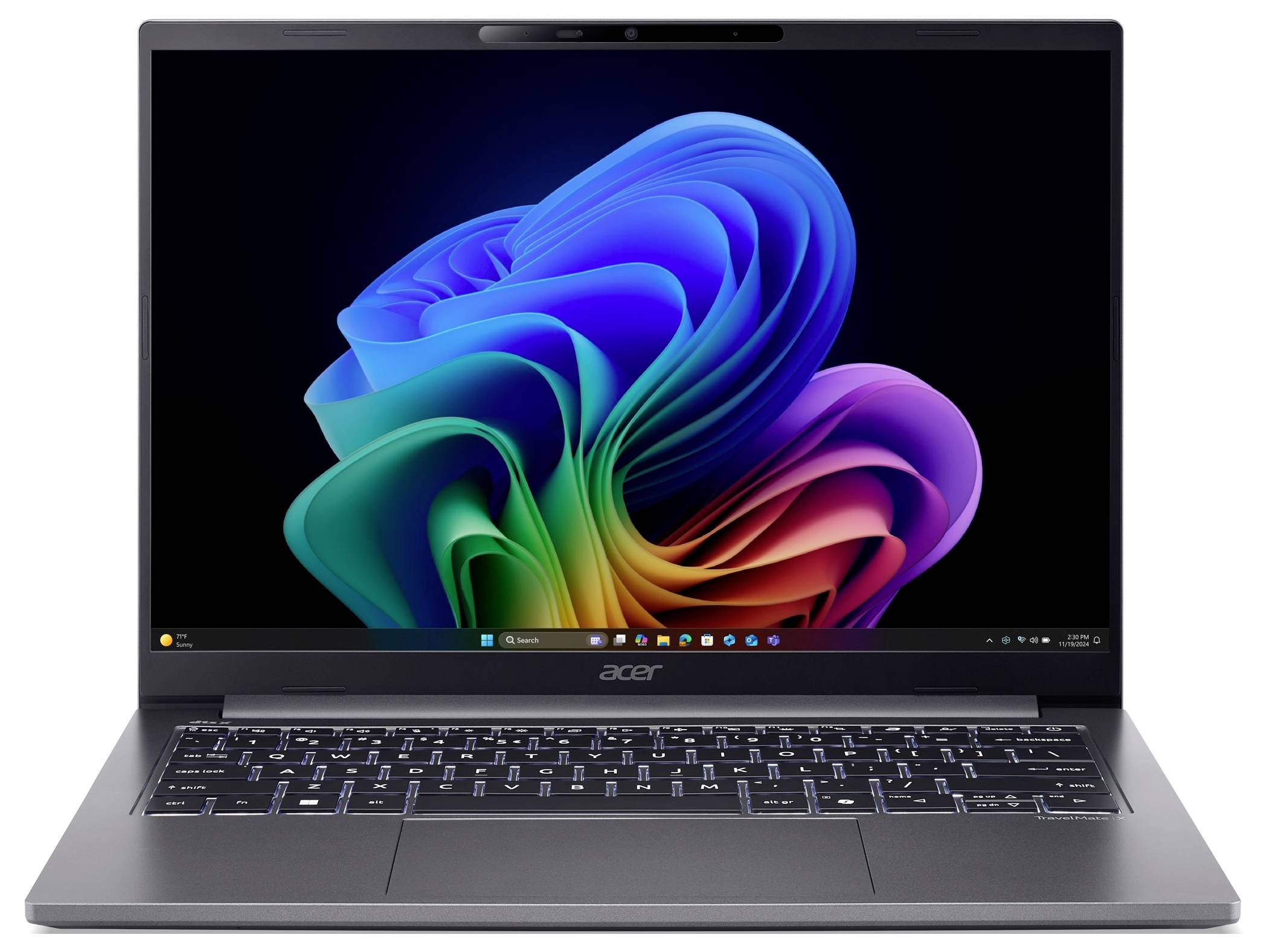 Ein schwarzer Laptop, auf dessen Bildschirm ein lebendiges, farbenfroches abstraktes Design angezeigt wird.