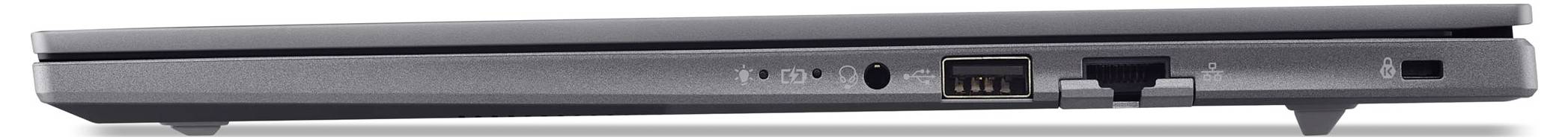 Seitenansicht eines geschlossenen Laptops mit verschiedenen Anschlüssen, einschließlich Ethernet, USB und Audiobuchse, wobei die Konnektivitätsoptionen hervorgehoben werden.