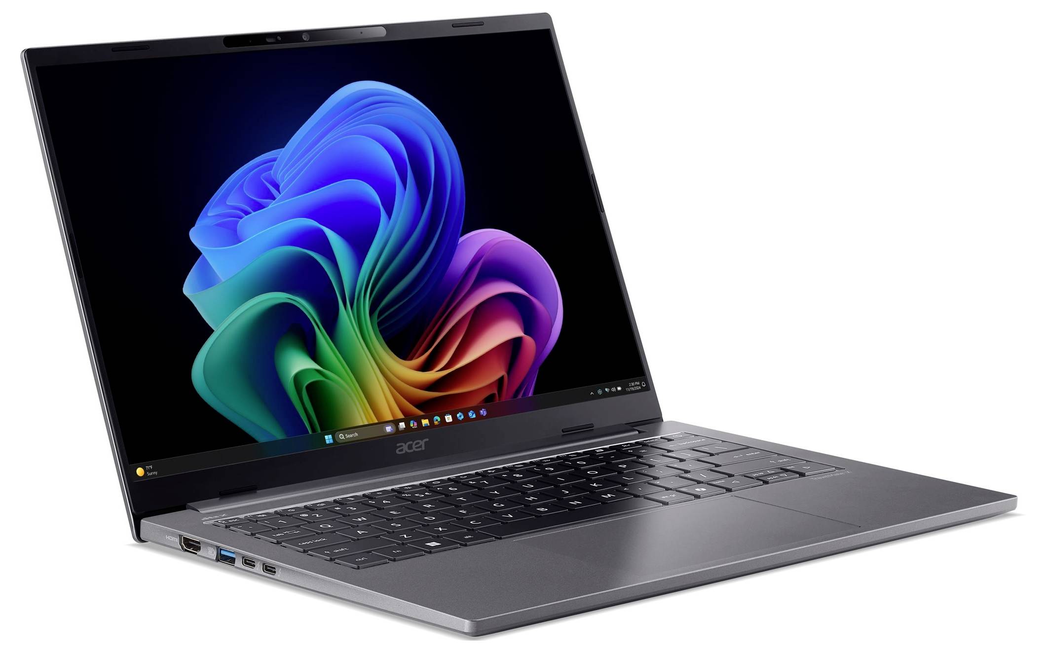 Ein eleganter grauer Laptop mit einem lebendigen mehrfarbigen abstrakten Design auf dem Bildschirm, ausgestattet mit einer schwarzen Tastatur und einem schlanken Profil.