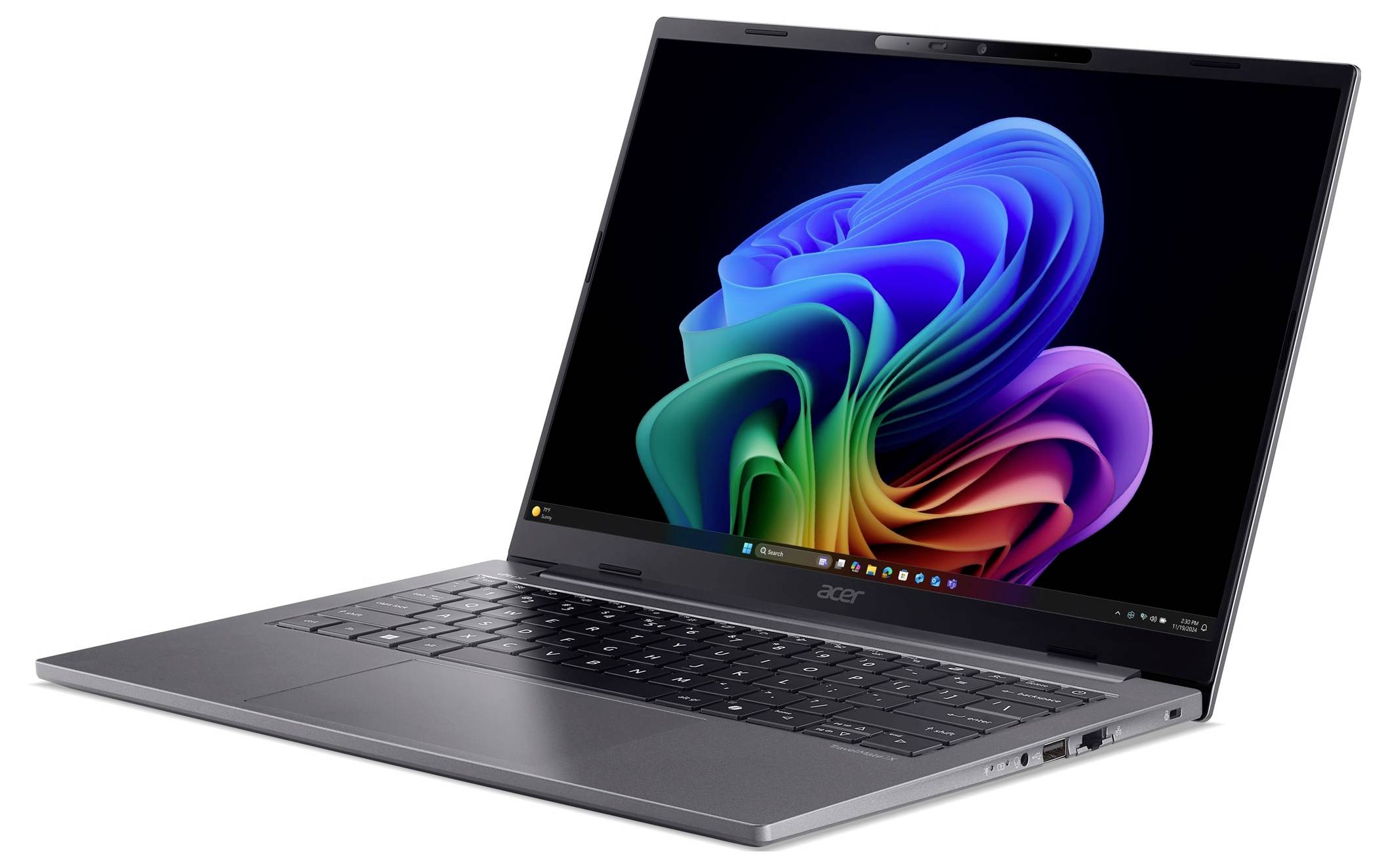 Ein eleganter grauer Laptop mit einem lebendigen, abstrakten Design auf dem Bildschirm, angewinkelt, um die Seitenports und die Tastatur zu zeigen.