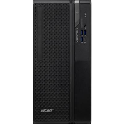 Ein schwarzer Acer Desktop-Computer Tower mit USB-Anschlüssen, einem Netzschalter und dem Wort „Veriton" auf der Frontplatte gedruckt.