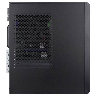 Seitenansicht eines schwarzen Computer-Gehäuses mit einem Mesh-Panel zur Belüftung und teilweise sichtbaren internen Komponenten im Inneren.