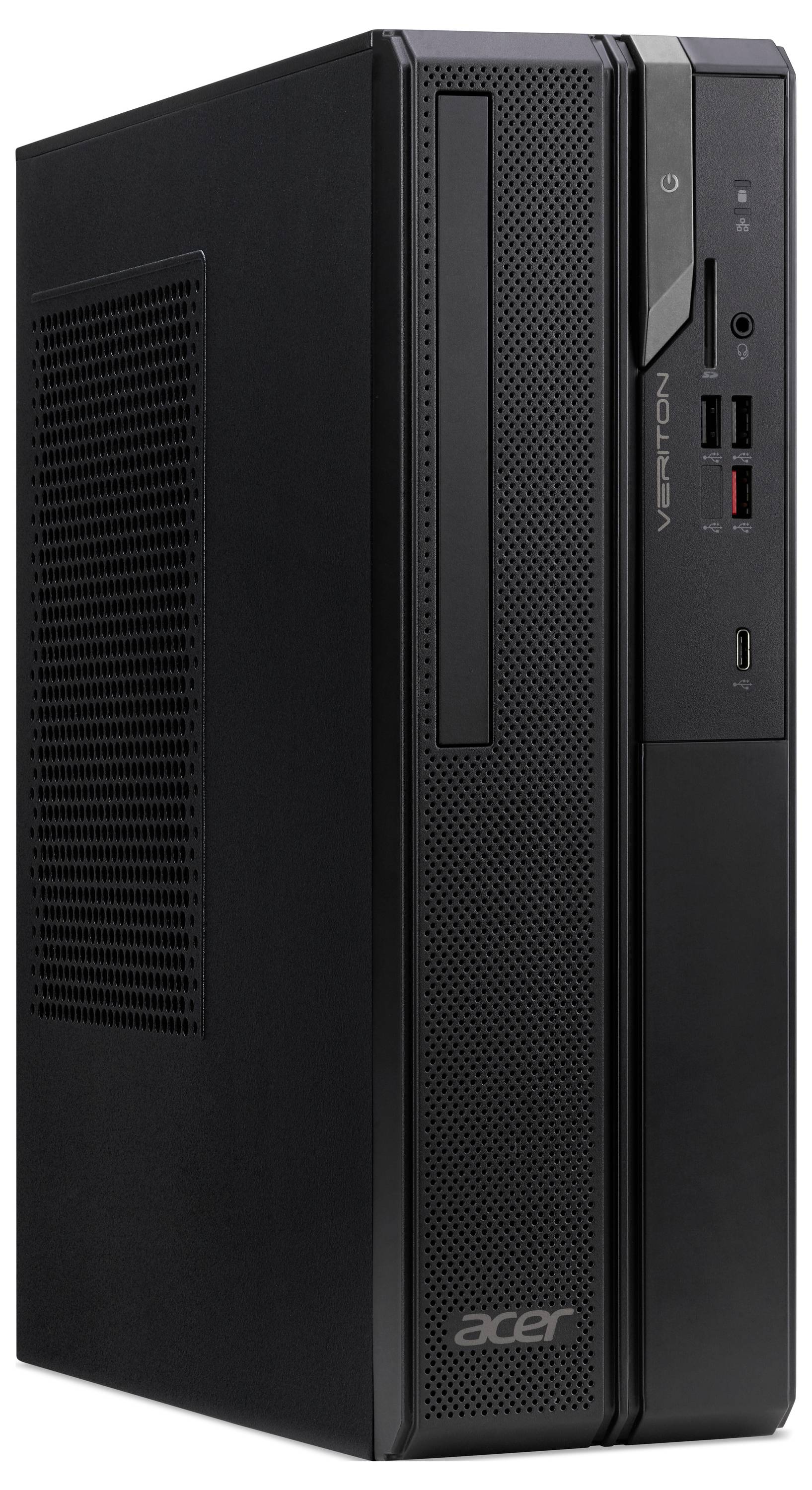Ein schwarzer Acer Veriton Desktop-Computer mit vertikalem Design, das eine seitliche Belüftungsöffnung, mehrere Front-Anschlüsse und ein minimalistisches Erscheinungsbild aufweist.