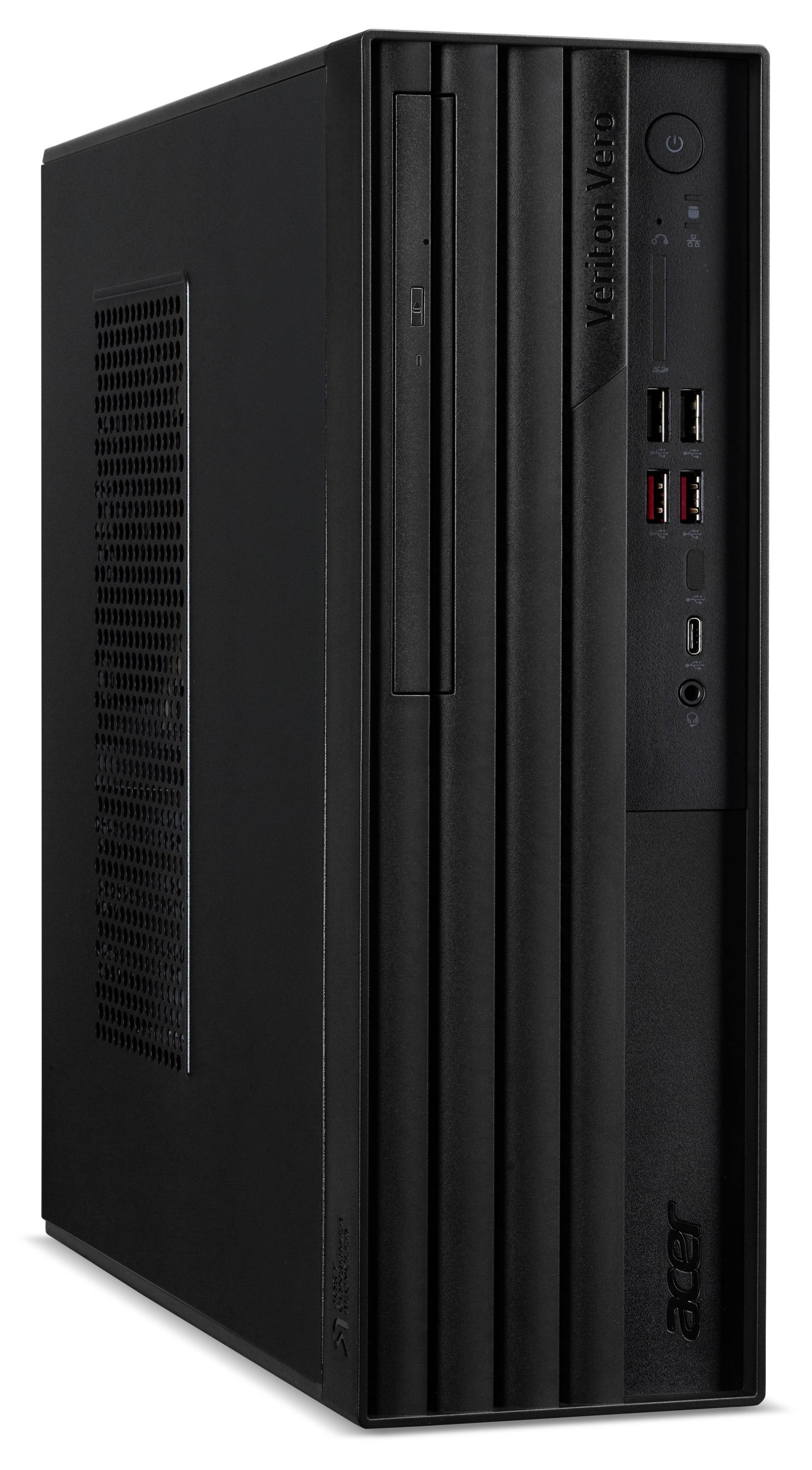 Ein schwarzer Acer Veriton Desktop-Computer in vertikaler Position. Die Frontblende verfügt über USB-Anschlüsse und einen Netzschalter.