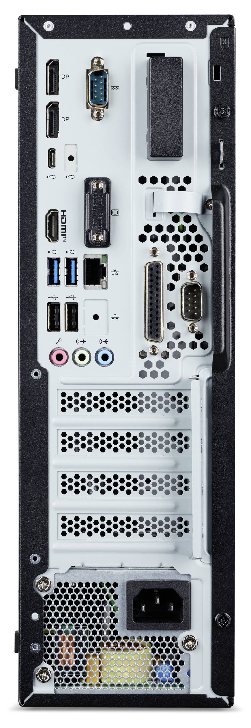 Das Bild zeigt die Rückseite eines Computer-Towers mit verschiedenen Anschlüssen, darunter USB, HDMI, Audio, Ethernet und Stromeingang.