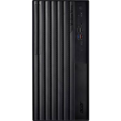 Vorderansicht eines schwarzen Acer Veriton Vero Desktop-Towers, der das Markenlogo, den Laufwerkschacht, USB-Anschlüsse und den Netzschalter zeigt.