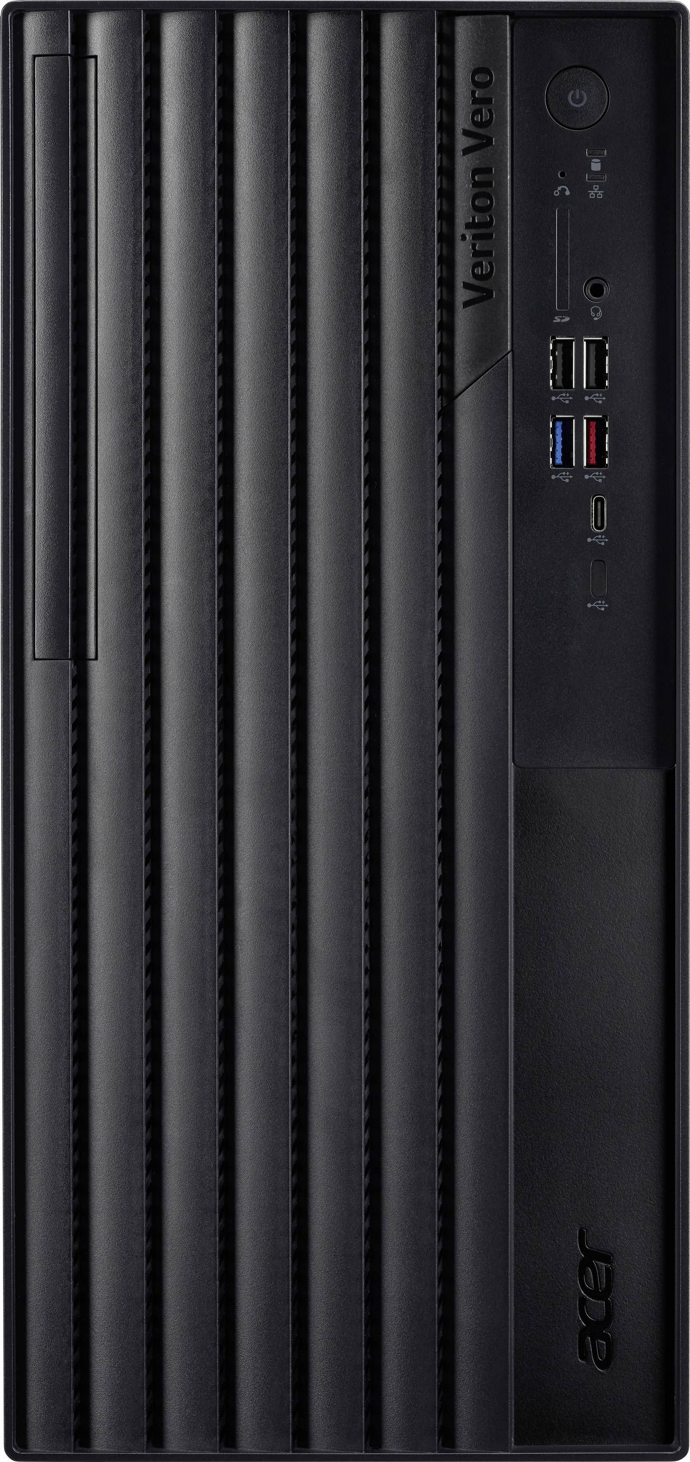 Das Bild zeigt die Frontplatte eines schwarzen Acer Veriton Vero Desktop-Towers mit mehreren USB-Anschlüssen und einem Netzschalter oben rechts.