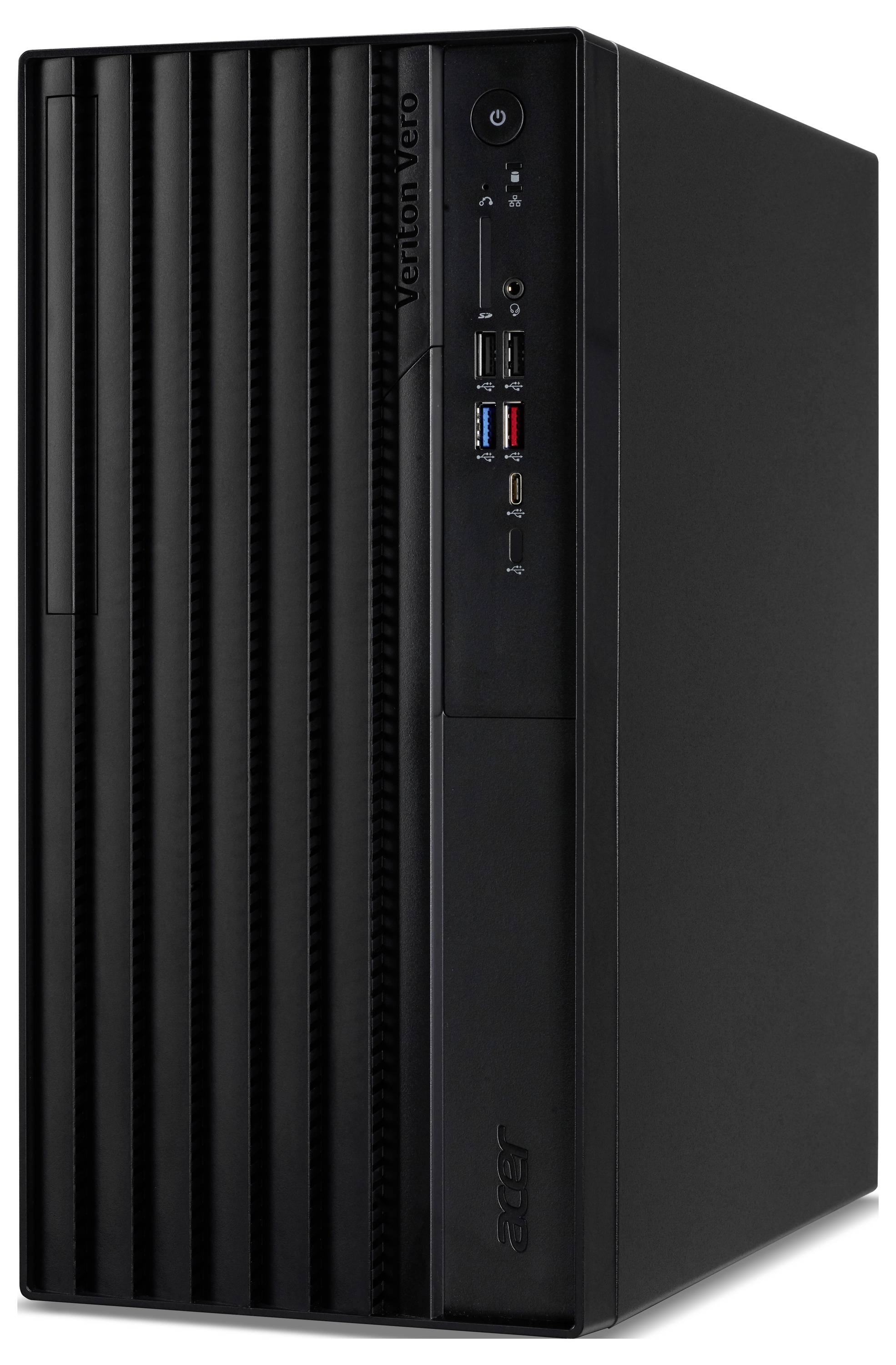 Ein schwarzer Acer-Desktop-Computer mit einer Stromschalter, USB-Anschlüssen und einem SD-Kartenschacht auf der Frontblende. Vertikales Gitterdesign an der Seite.