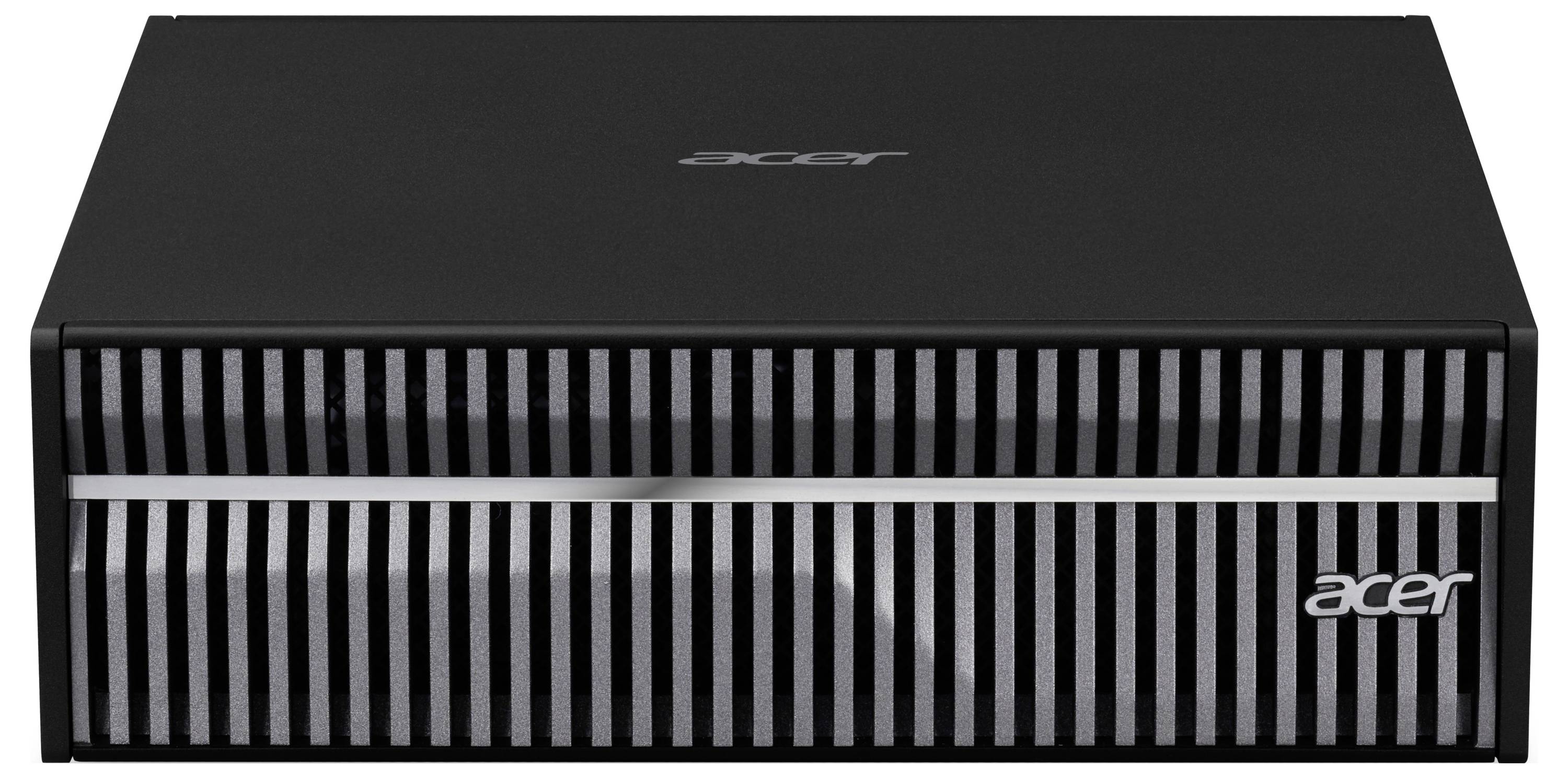 Ein schwarzer Acer-Computerturm mit einem gestreiften Frontpaneel-Design. Das Acer-Logo ist auf der Vorderseite sichtbar.