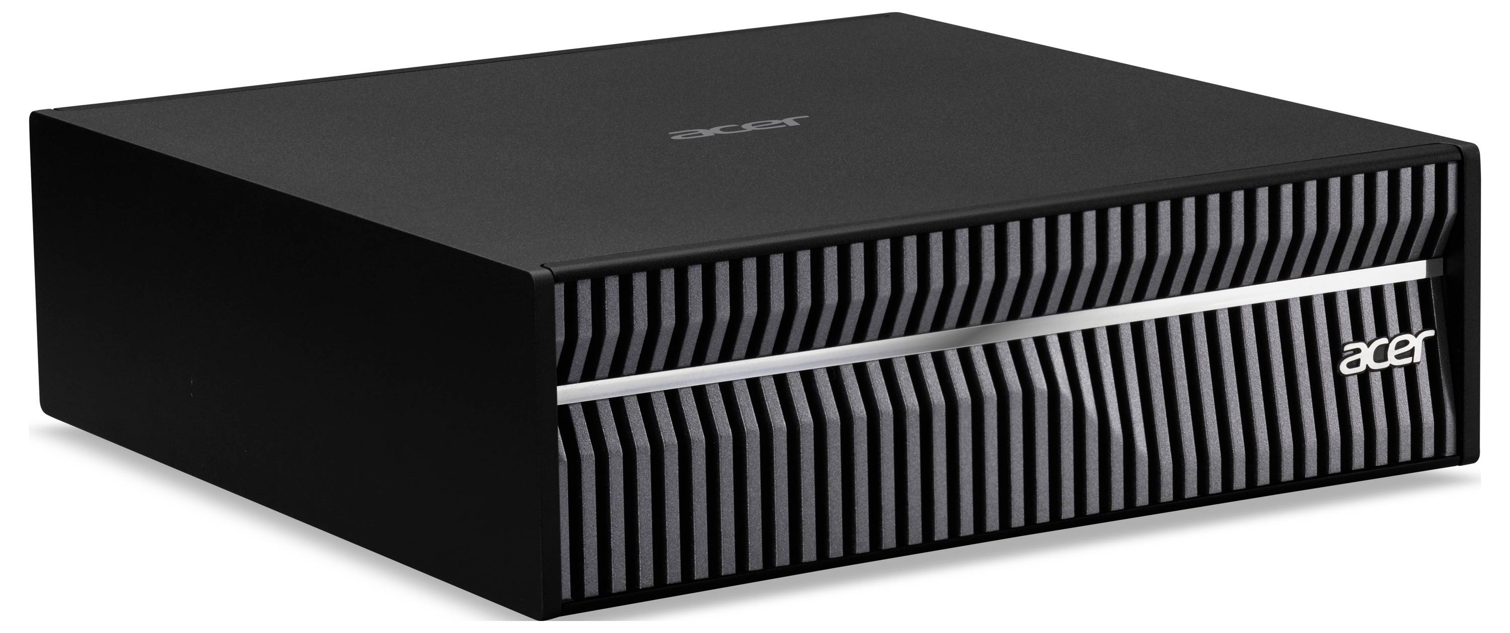 Eine schwarze Acer-Box mit horizontalen silbernen Streifen und dem Acer-Logo auf der Vorderseite, verwendet zur elektronischen Speicherung oder für Komponenten.