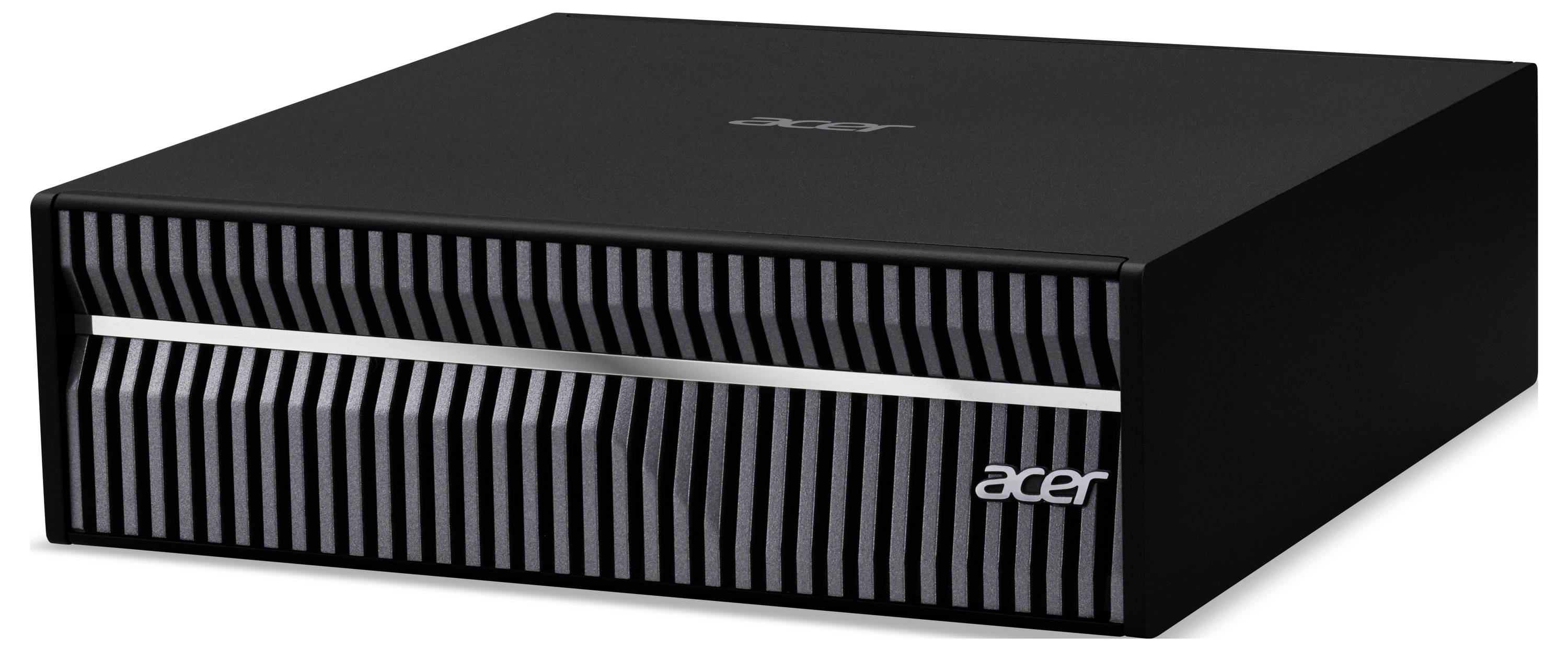 Ein schwarzes externes optisches Laufwerk von Acer mit gestreifter Frontplatte wird in Schrägansicht gezeigt, um sein Design hervorzuheben.