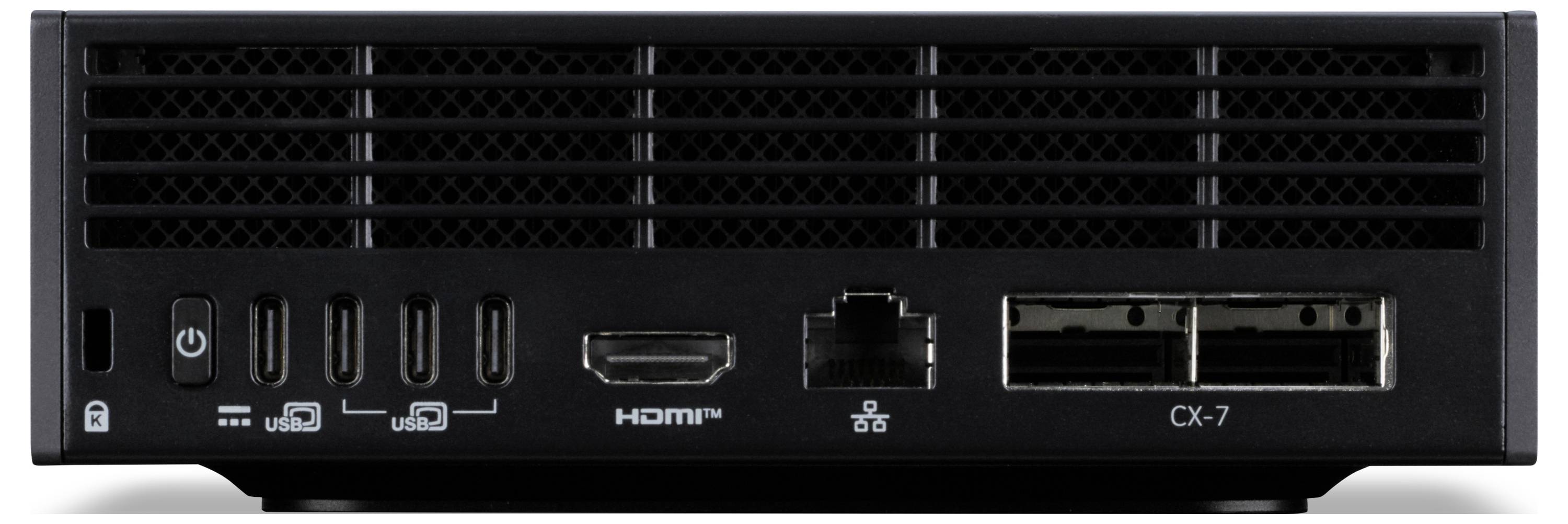 Das Bild zeigt die Rückseite eines schwarzen elektronischen Geräts mit mehreren Anschlüssen, darunter USB, HDMI, Ethernet und zwei Steckplätze mit der Beschriftung „CX-7".