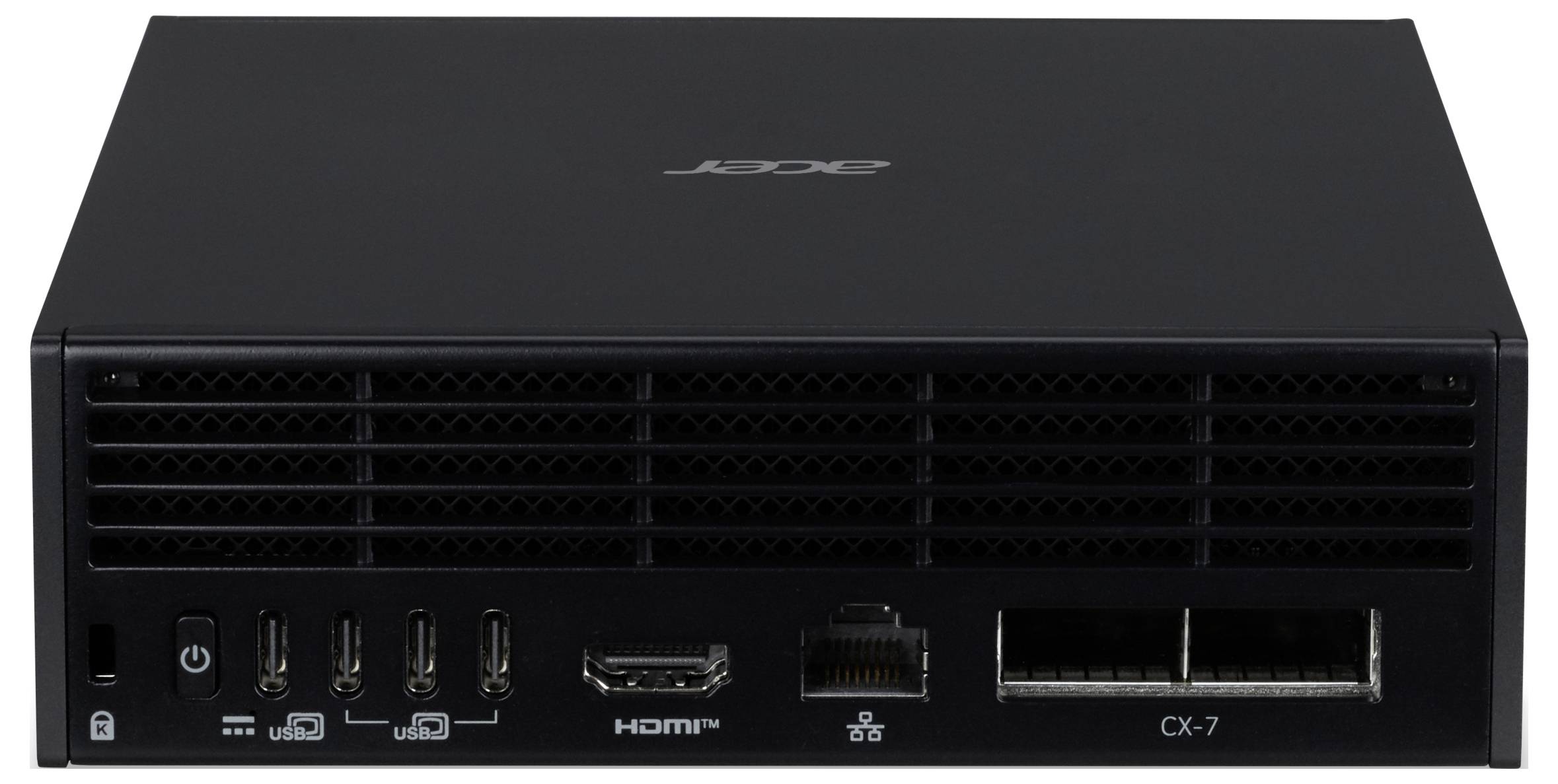 »Schwarzer Acer mini PC, Modell CX-7, Vorderansicht zeigt Netzschalter, USB-Anschlüsse, HDMI-Anschluss, Ethernet-Anschluss und zusätzliche Verbindungsanschlüsse.«