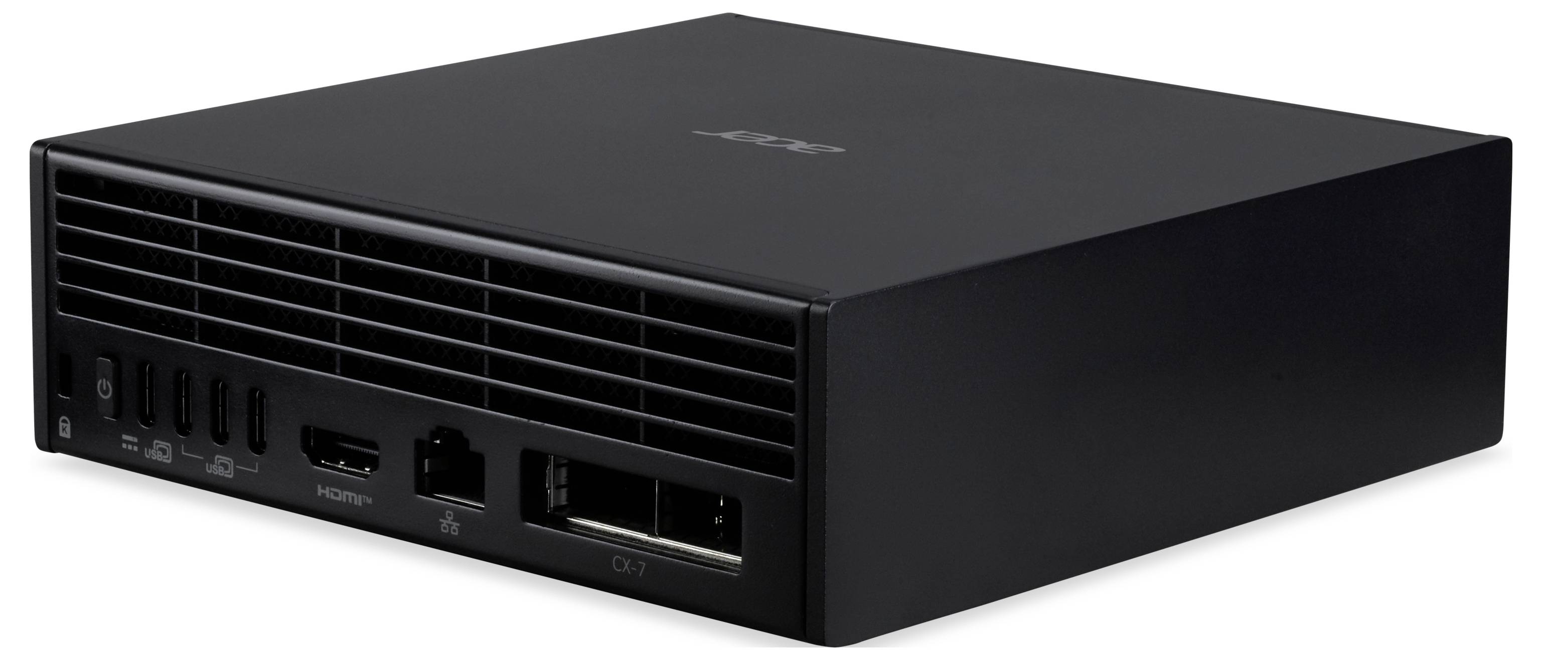 Eine kompakte schwarze Computereinheit mit mehreren an der Vorderseite angebrachten Anschlüssen, einschließlich USB, HDMI und Ethernet auf ihrer Frontplatte.