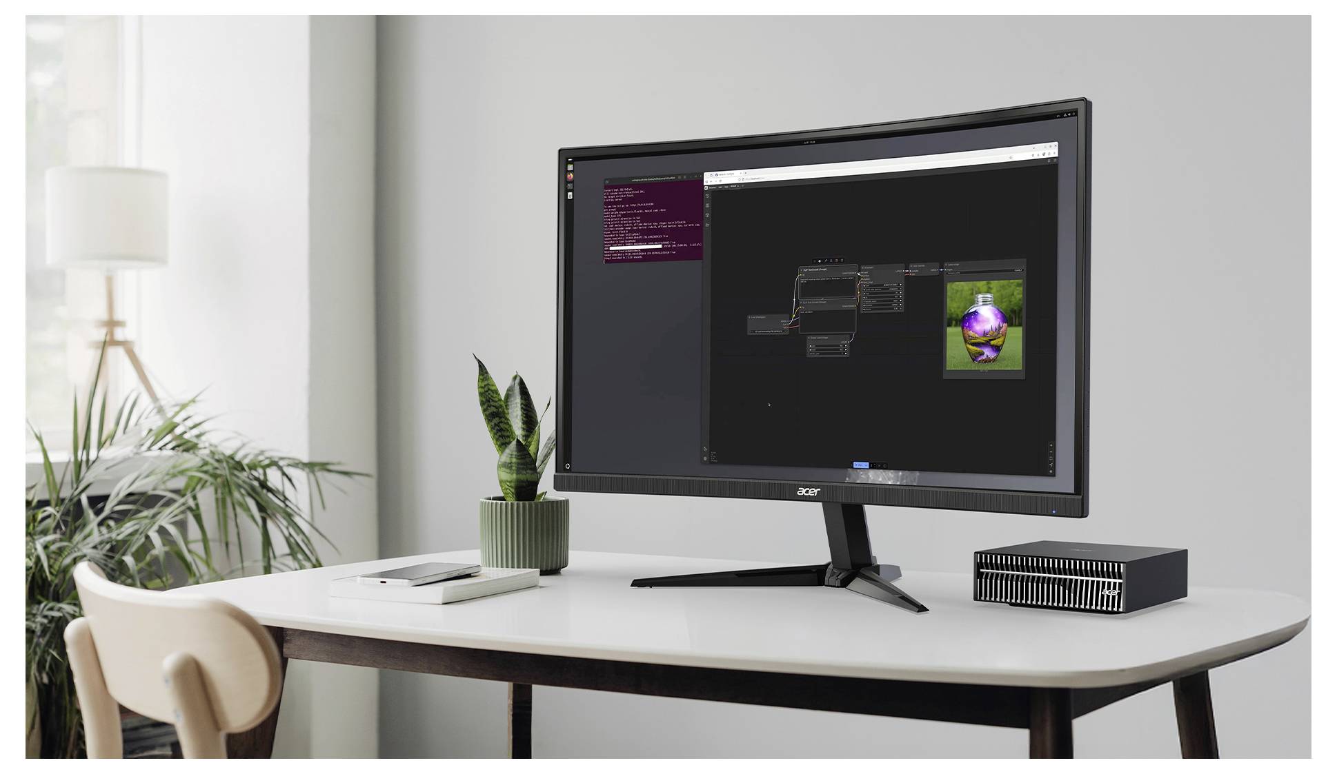 Ein Computermonitor auf einem Schreibtisch, auf dem Grafikdesign-Software angezeigt wird. Eine Pflanze und ein kleiner Computer befinden sich ebenfalls auf dem Schreibtisch. Minimalistische Einrichtung.