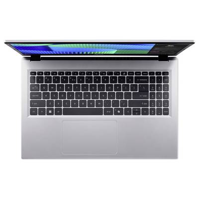 Ein silberner Laptop von oben betrachtet, mit einer vollständigen QWERTY-Tastatur und einem Touchpad, mit einem farbigen Bildschirm, der blaue und grüne Farbtöne anzeigt.
