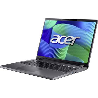 Acer-Laptop mit lebhaftem Bildschirm, auf dem blaue und grüne abstrakte Wellen angezeigt werden, aus einem Winkel fotografiert, der die offene Tastatur und einen Teil des Bildschirms zeigt.