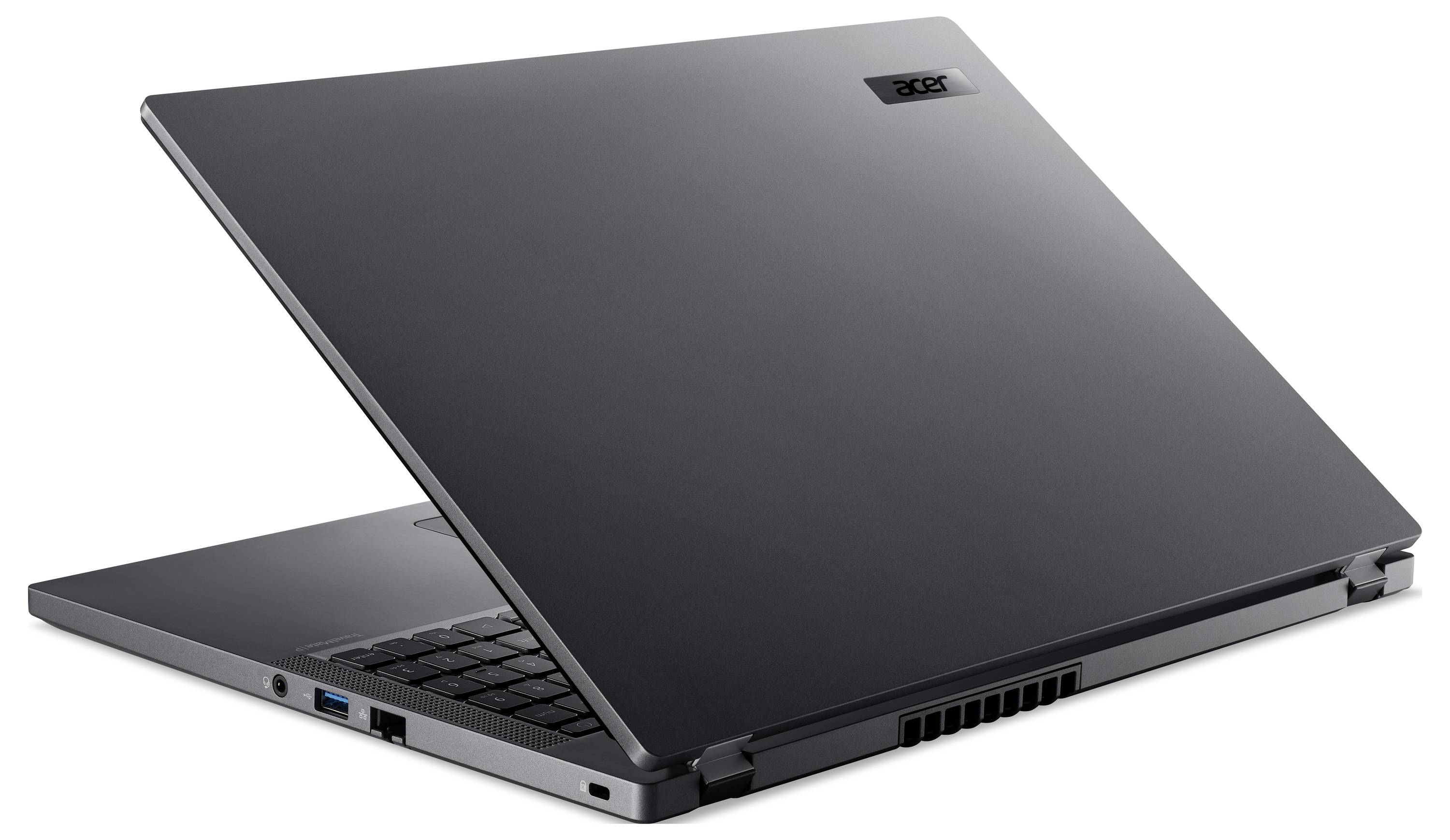Ein schlanker, grauer Laptop, teilweise geöffnet, zeigt seitliche Anschlüsse und Belüftung. Das Markenlogo des Laptops ist auf der Rückseite des Bildschirms sichtbar.