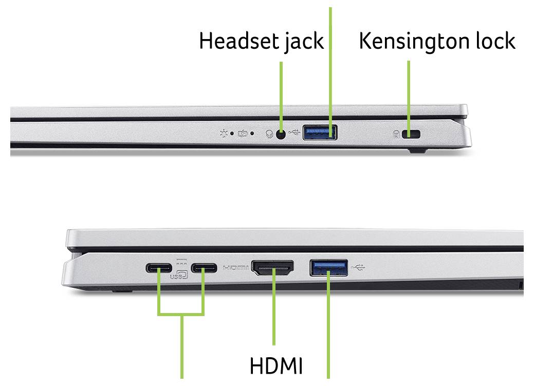 Eine Seitenansicht eines Laptops mit gekennzeichneten Anschlüssen: oben - Kopfhöreranschluss, Kensington-Schloss; unten - HDMI, USB-Anschlüsse.