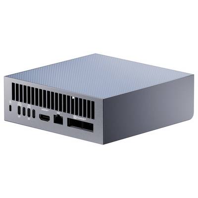 Ein schwarzer Desktop-Computer-Tower mit transparentem Seitenpaneel, vier grün beleuchteten Lüftern und frontseitig angebrachten Steuertasten.
