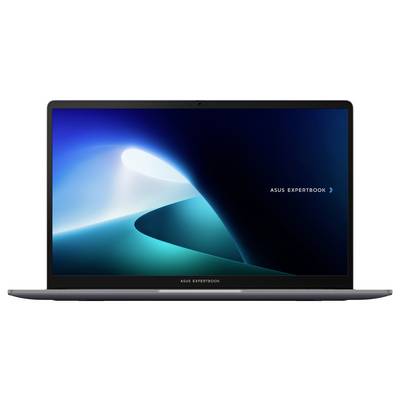 Ein elegantes Asus ExpertBook Laptop mit einem blauen abstrakten Hintergrundbild, das auf seinem Bildschirm angezeigt wird, zeigt ein minimalistisches und gleichzeitig elegantes Design.