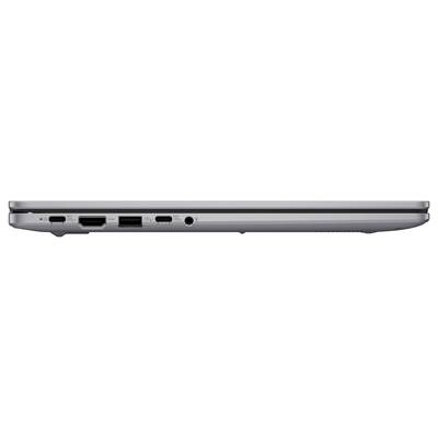 Seitenansicht eines geschlossenen silbernen Laptops mit verschiedenen Anschlüssen: HDMI, USB, USB-C und eine Audiobuchse.