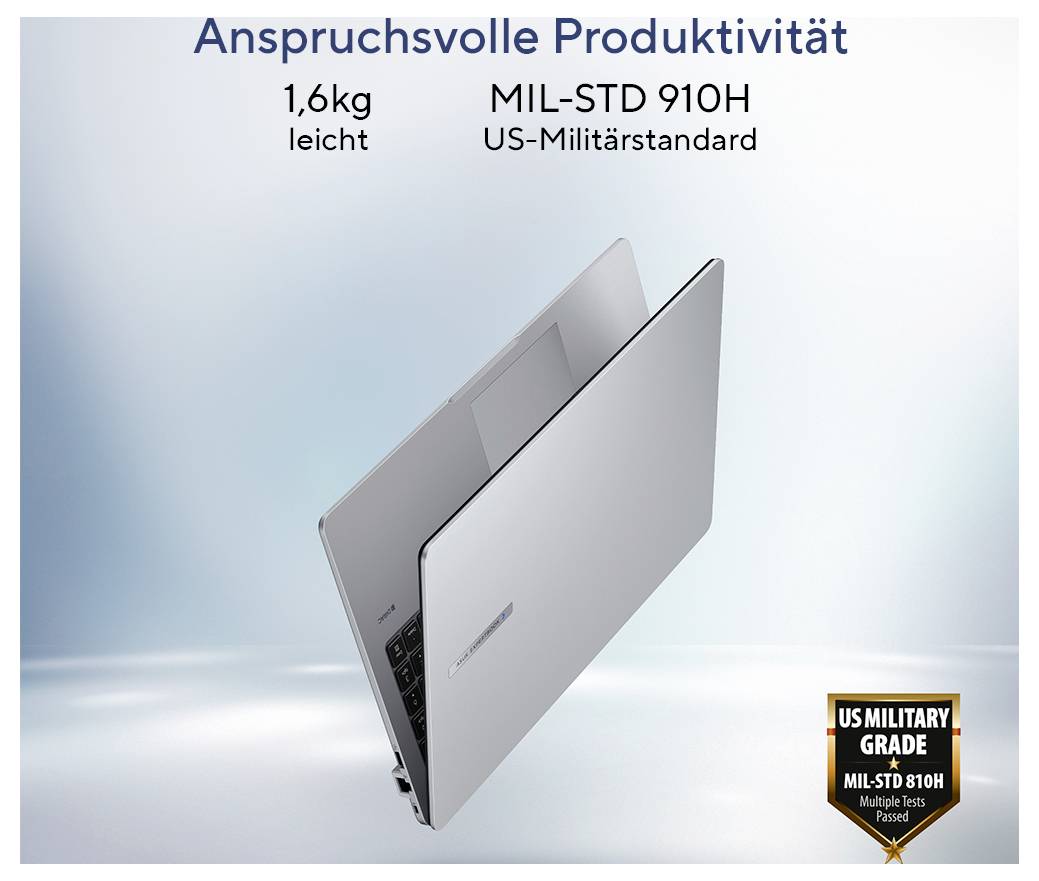 Laptop mit schlankem Design; gekennzeichnet mit „1,6kg leicht" (leicht) und „MIL-STD 910H", was die Einhaltung des US-Militärstandards anzeigt.
