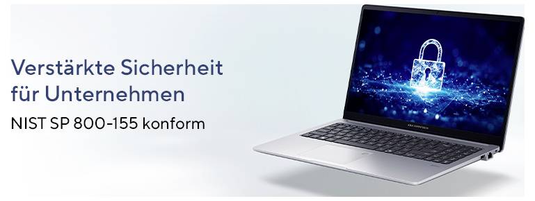 Ein Laptop mit einem leuchtenden Schloss symbolisiert verstärkte Sicherheit für Unternehmen. Der Text lautet „Verstärkte Sicherheit für Unternehmen. NIST SP 800-155 konform."