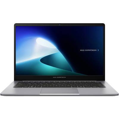 Ein schlanker silberner Laptop mit einem leuchtenden abstrakten blau-weißen Hintergrundbild auf dem Bildschirm. Die Worte "ASUS ExpertBook" sind auf dem Display sichtbar.