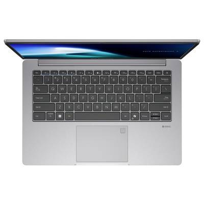 Ein silberner Laptop mit einer vollständigen QWERTY-Tastatur, leicht geöffnet, mit schlankem Design und dunklem Bildschirm.