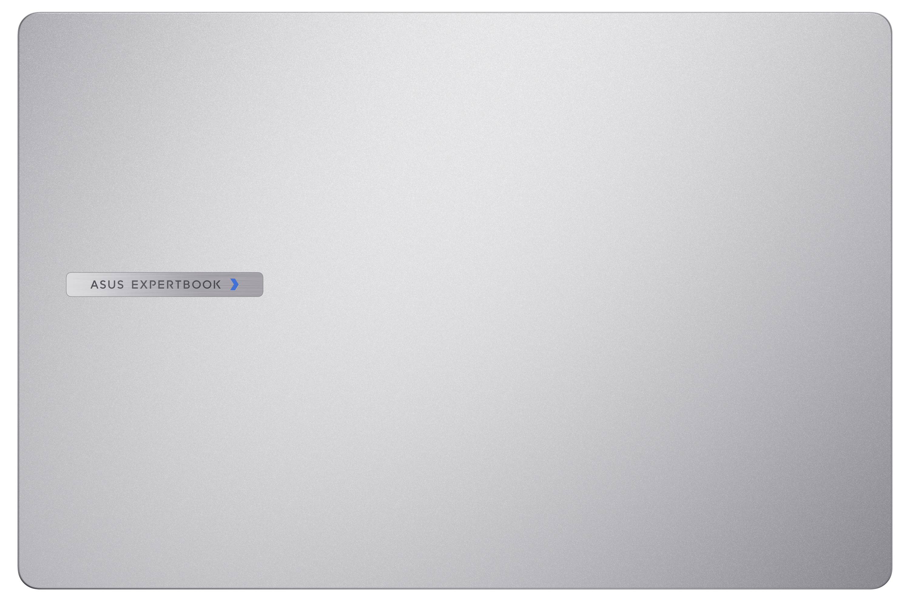Ein geschlossenes silbernes Laptop mit "ASUS ExpertBook" auf der oberen Abdeckung.
