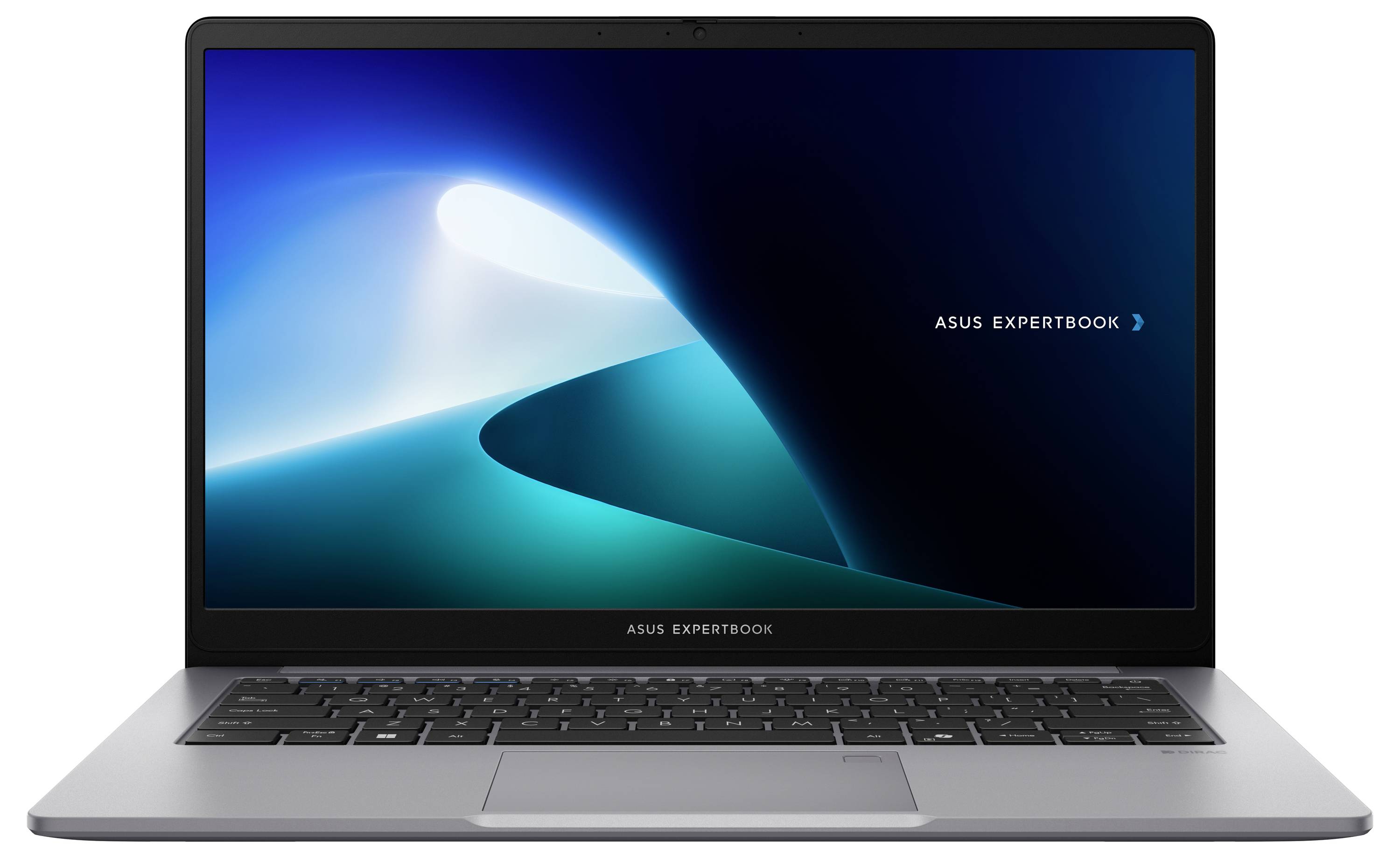 Laptop mit "ASUS ExpertBook" auf dem Bildschirm, mit elegantem, modernem Design und beleuchtetem abstraktem blauem Hintergrund.