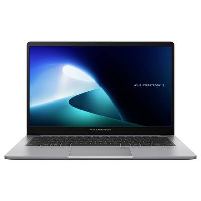 Laptop mit "ASUS ExpertBook" auf dem Bildschirm, mit elegantem, modernem Design und beleuchtetem abstraktem blauem Hintergrund.