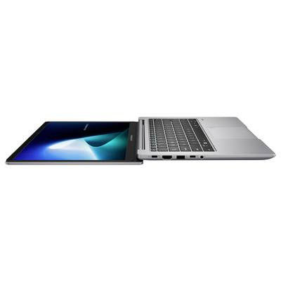 Ein eleganter, offener Laptop, von der Seite betrachtet, der sein schlankes Profil, die Tastatur und einen lebhaften, beleuchteten Bildschirm zur Schau stellt.