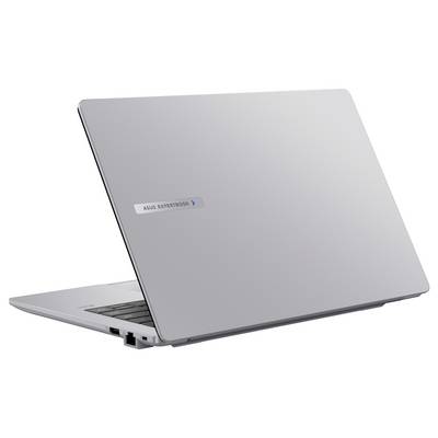 Silbernes Laptop mit einem „ASUS EXPERTBOOK"-Etikett auf dem Deckel, Schrägansicht, die einen Teil der Tastatur und der Anschlüsse auf der linken Seite zeigt.