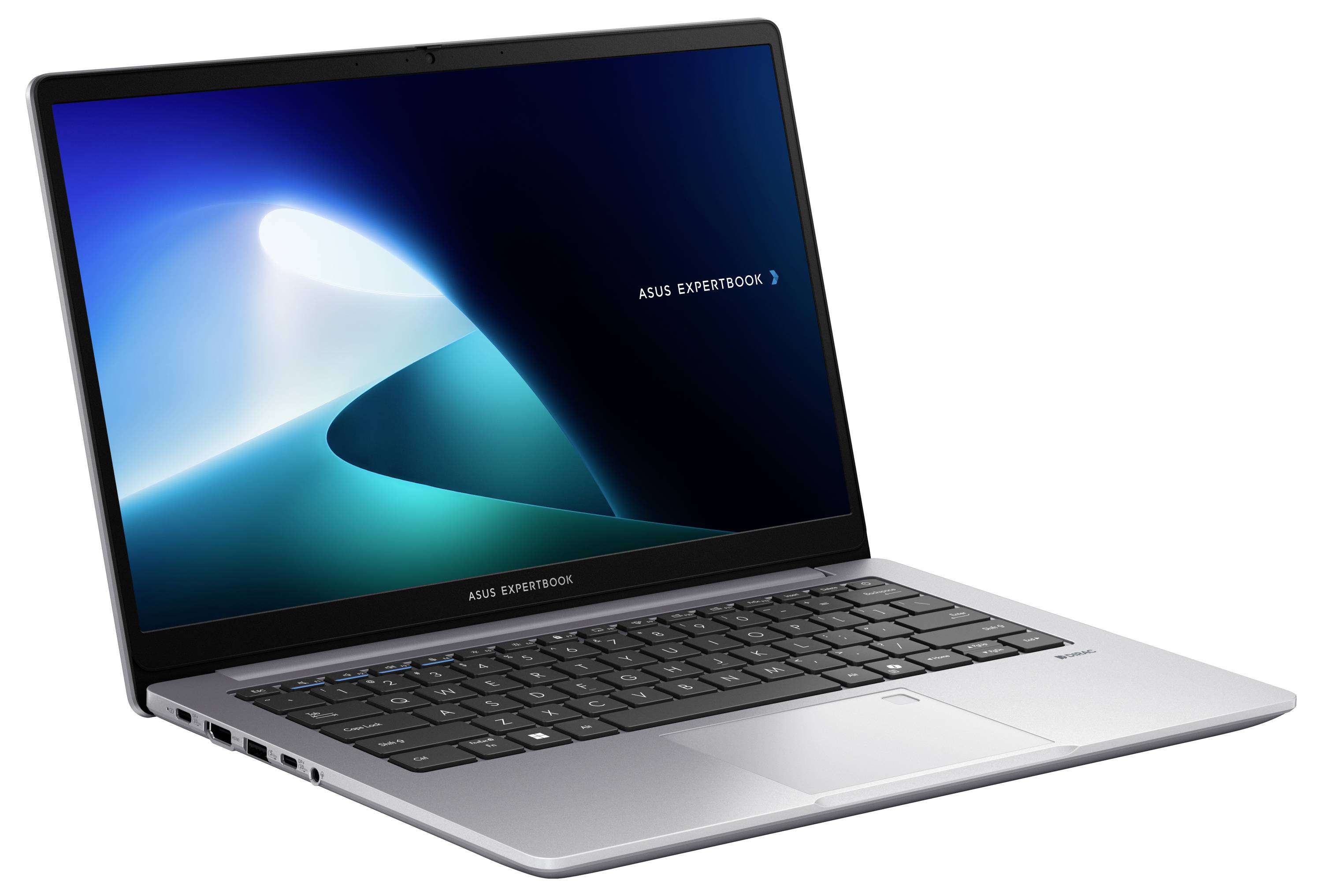 Ein eleganter silberner Laptop mit dunklem Bildschirm, auf dem "ASUS ExpertBook" angezeigt wird. Die Tastatur verfügt über schwarze Tasten auf einer metallischen Oberfläche.