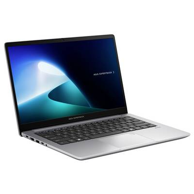 Ein eleganter silberner Laptop mit dunklem Bildschirm, auf dem "ASUS ExpertBook" angezeigt wird. Die Tastatur verfügt über schwarze Tasten auf einer metallischen Oberfläche.