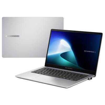 Öffnen Sie einen Asus ExpertBook-Laptop mit einem leuchtend blauen Bildschirm auf der rechten Seite. Das silberne Logo der Marke befindet sich auf dem geschlossenen Deckel dahinter.