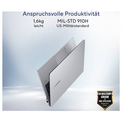 Schlanker silberner Laptop mit Text: „Anspruchsvolle Produktivität", „1,6 kg leicht", „MIL-STD 910H US-Militärstandard", Abzeichen für Militärqualität.