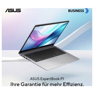 ASUS ExpertBook P1 Laptop auf hellem Hintergrund. Deutscher Text lautet „Ihre Garantie für mehr Effizienz." (Ihre Garantie für mehr Effizienz).