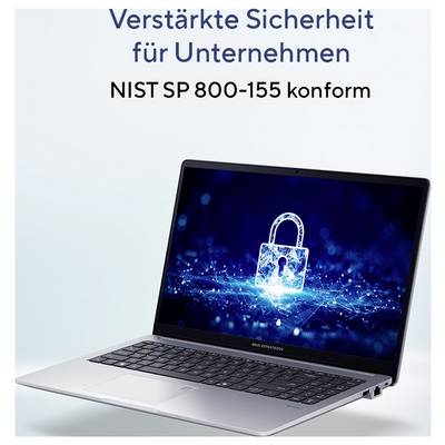 Ein Laptop zeigt ein digitales Vorhängeschloss auf dem Bildschirm an. Der Text oben lautet „Verstärkte Sicherheit für Unternehmen" und „NIST SP 800-155 konform".