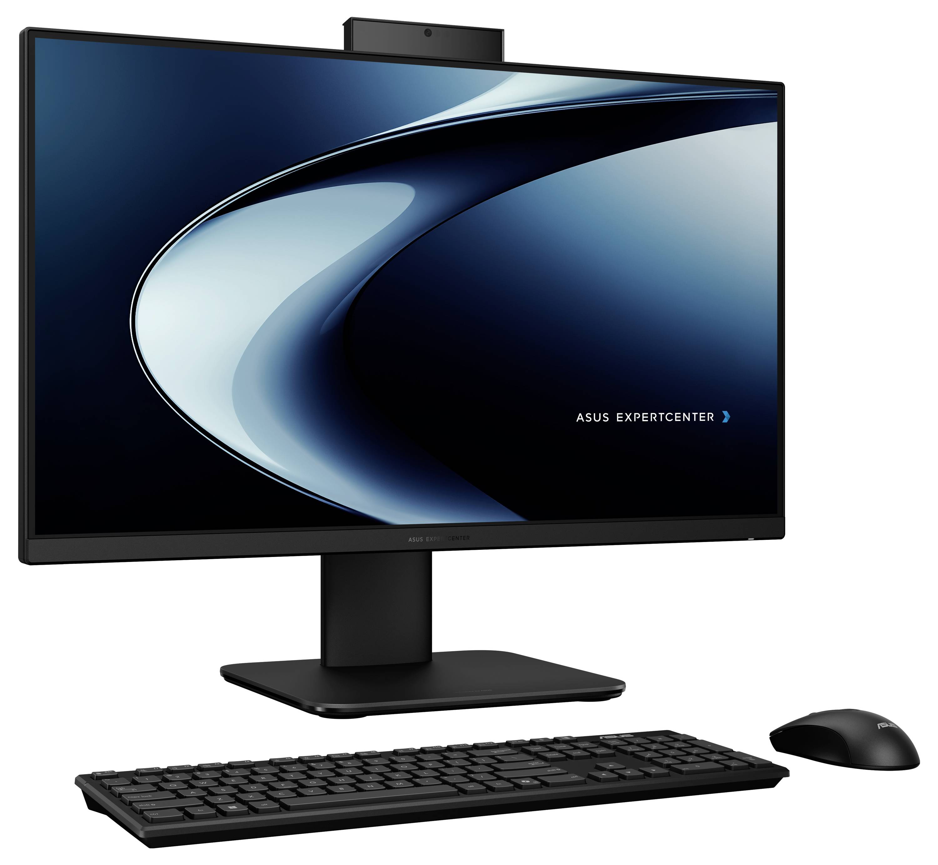 Ein Desktop-Computer-Setup mit einem ASUS ExpertCenter-Monitor, einer schwarzen Tastatur und einer Maus, angeordnet auf einer weißen Oberfläche.