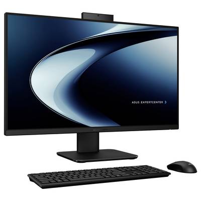 Ein Desktop-Computer-Setup mit einem ASUS ExpertCenter, bestehend aus einem Monitor mit eleganten Design, Tastatur und Maus auf weißem Hintergrund.