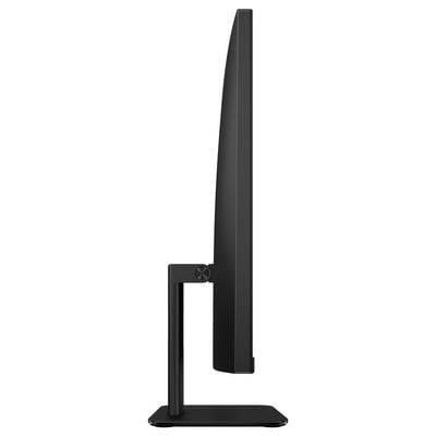 Eine Seitenansicht eines schlanken, modernen Computermonitors mit dünnem Profil, montiert auf einem minimalistischen Ständer.