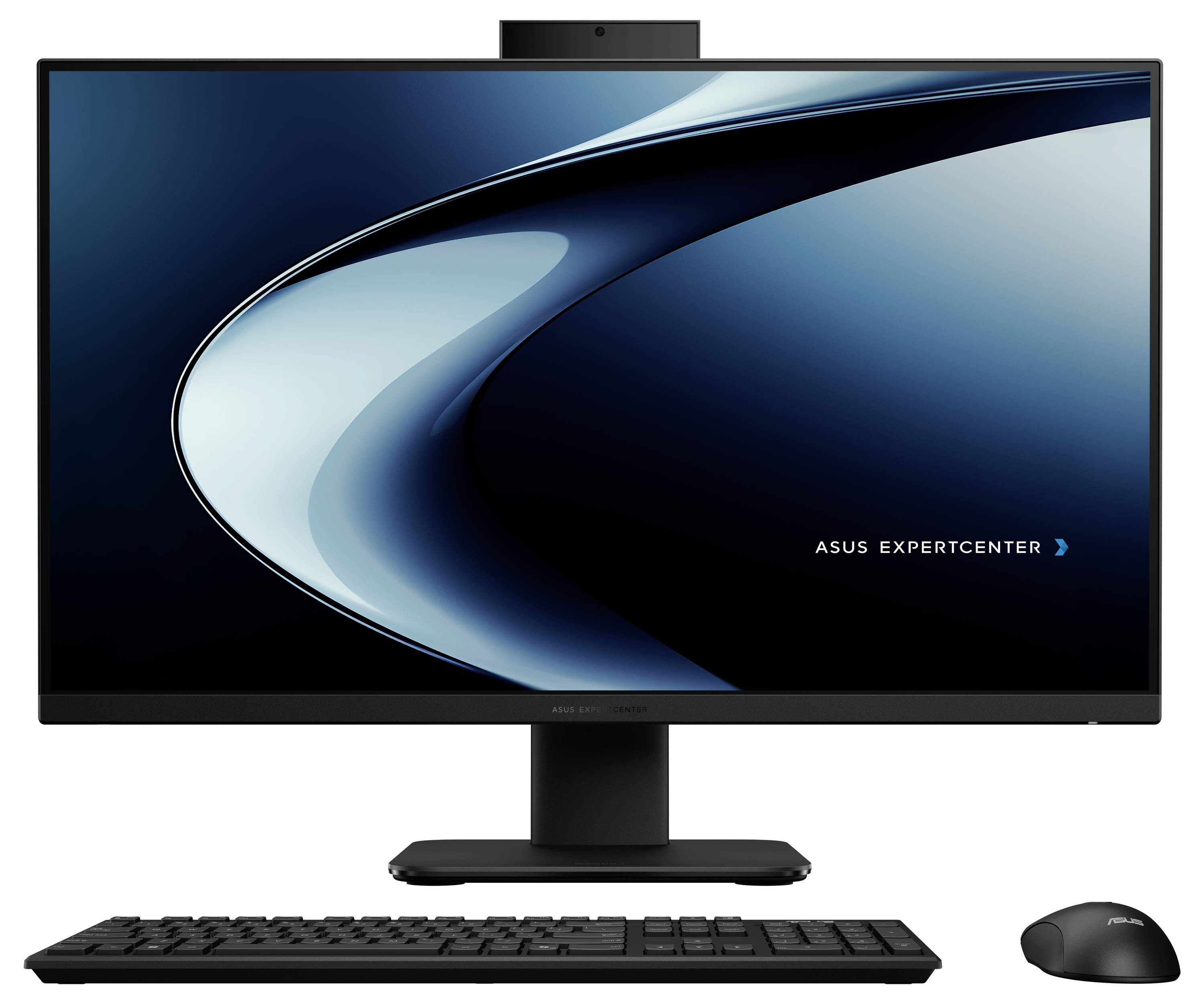 Computeraufbau mit einem großen Monitor, der „ASUS ExpertCenter" anzeigt, mit einer eleganten schwarzen Tastatur und einer kabellosen Maus.