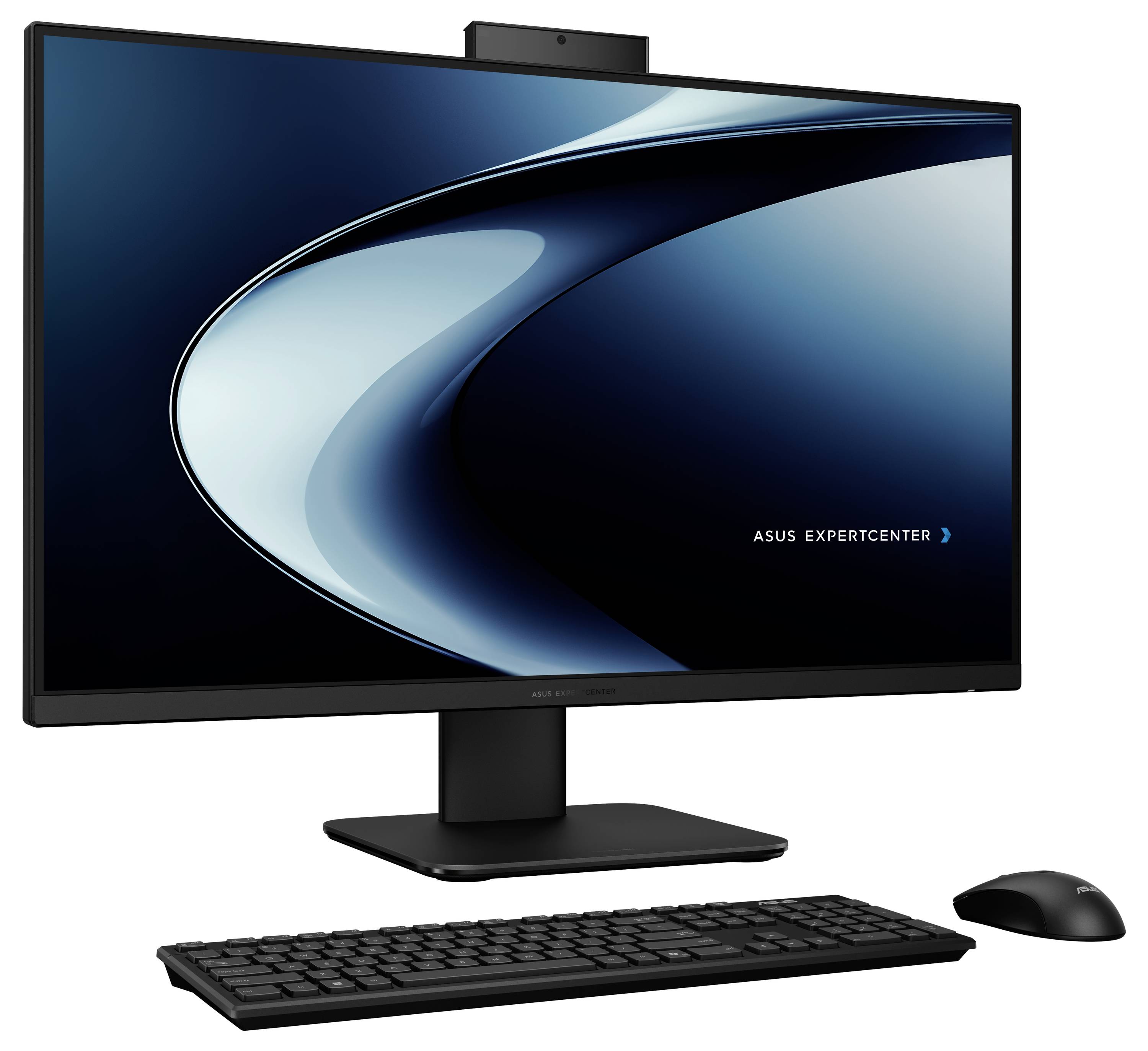 Ein schwarzes Desktop-Computer-Setup mit Monitor, Tastatur und Maus. Der Monitor zeigt "ASUS ExpertCenter" auf einem blauen geschwungenen Hintergrund an.