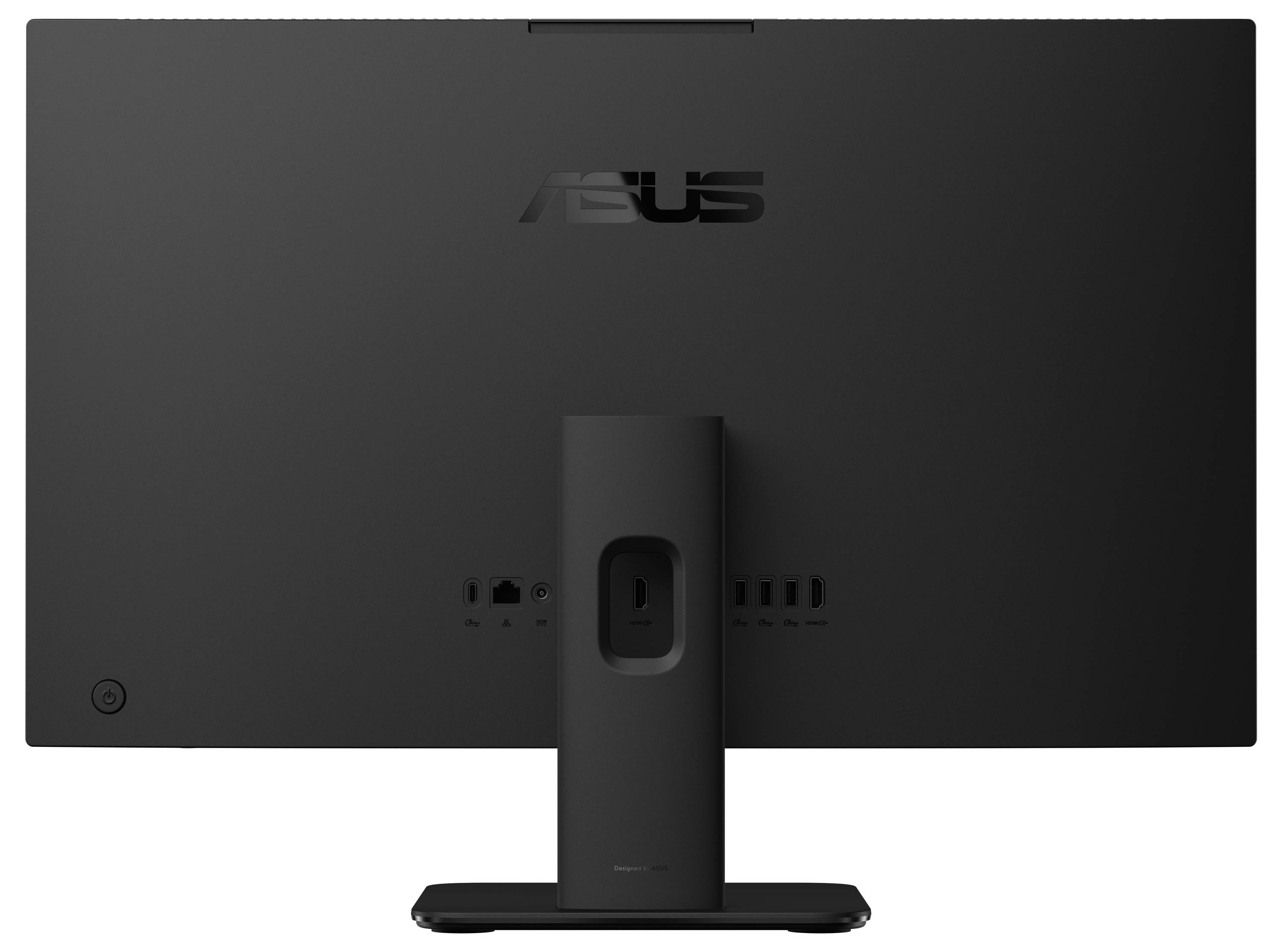 Rückansicht eines schwarzen Computermonitors mit Anschlussanschlüssen und einem Ständer.