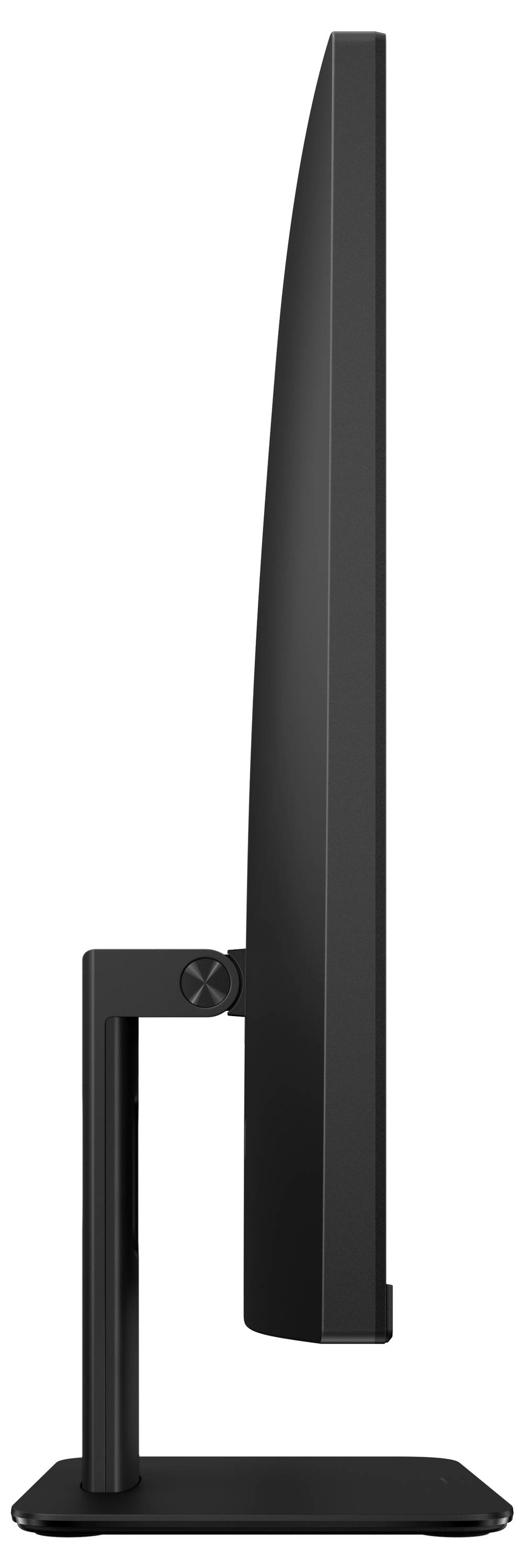 Seitenansicht eines schlanken schwarzen Computermonitors auf einem rechteckigen Ständer, die sein elegantes Design und seinen dünnen Rahmen zeigt.