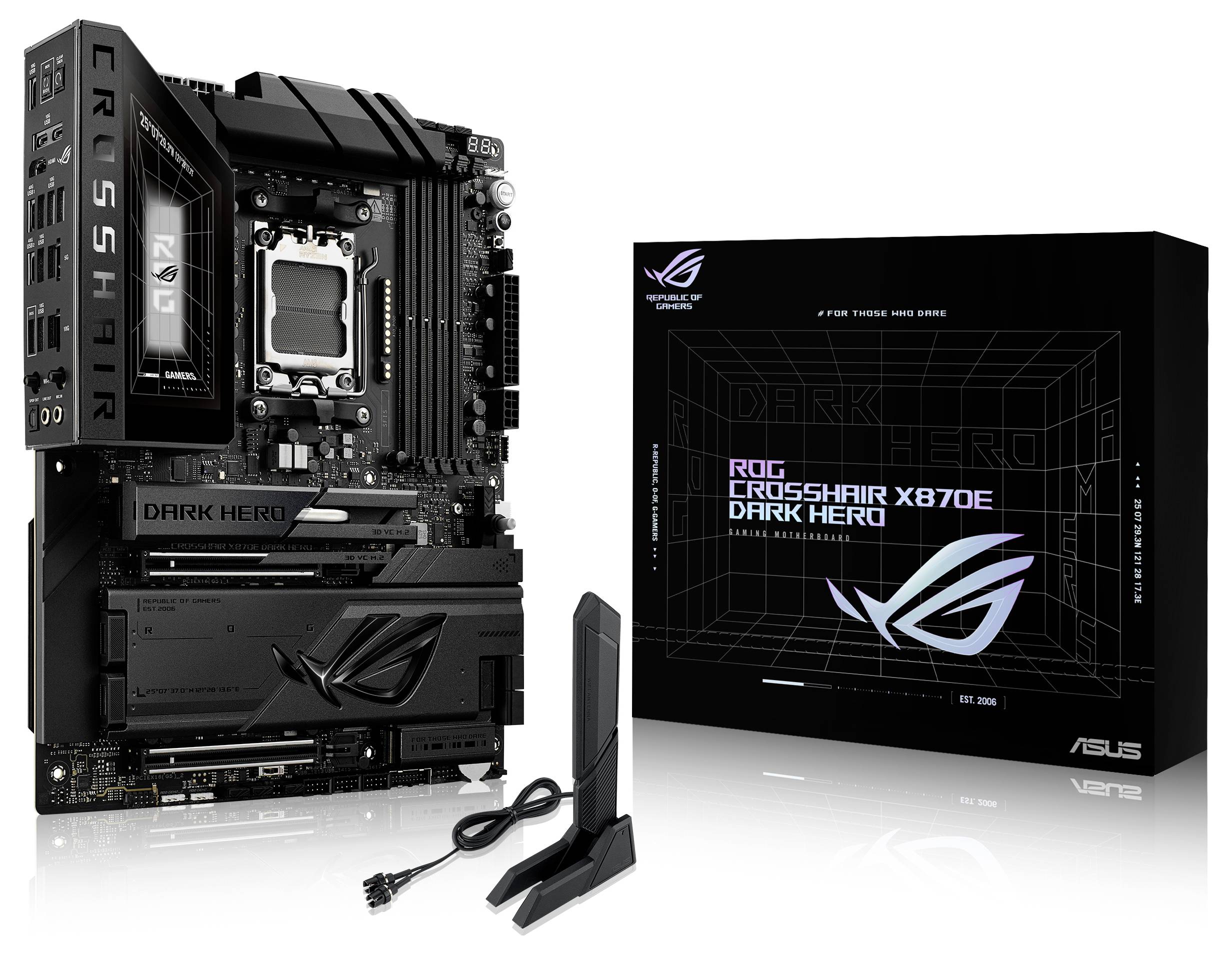 ASUS ROG Crosshair X670E Dark Hero-Motherboard mit seiner Verpackung, einer Antenne und Zubehör, die fortschrittliche Gaming-Funktionen hervorhebt.