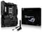 ASUS ROG Crosshair X670E Dark Hero-Motherboard mit seiner Verpackung, einer Antenne und Zubehör, die fortschrittliche Gaming-Funktionen hervorhebt.